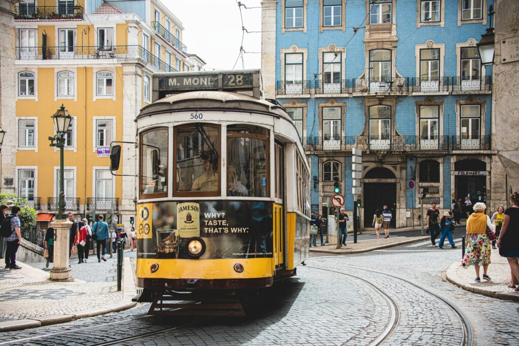 The colourful buildings and yellow tram of Lisbon, Portugal