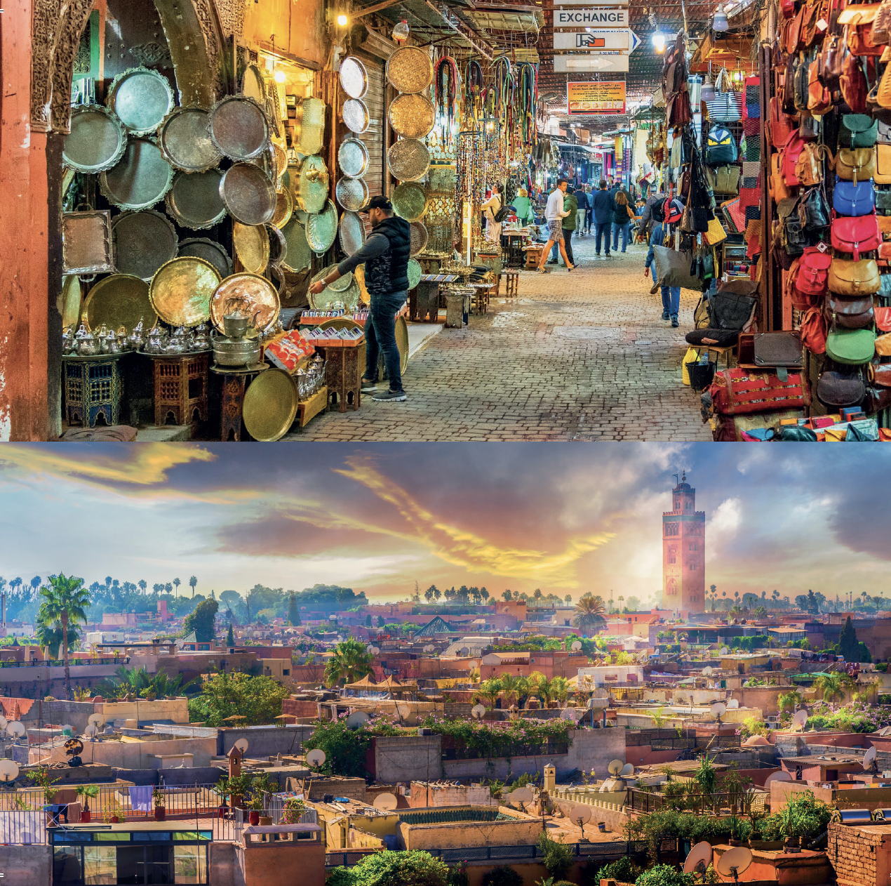 Top image showing a souk with pans and leather bags. The lower image is a cityscape view of Marrakech