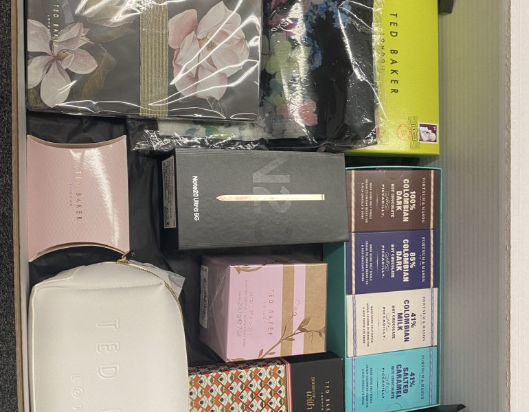 Luxury team share box filled with Samsung, Ted Baker and Fortnum and Mason items