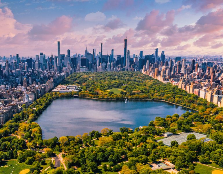 A Central Park in Manhattan, New York, a huge beautiful park surrounded by skyscraper with a pond