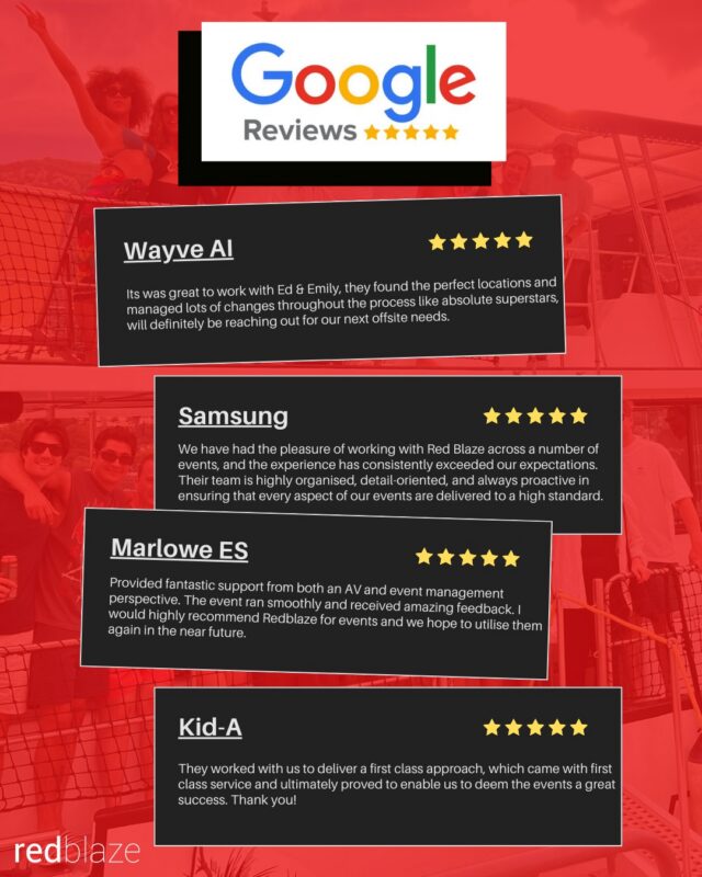5 Stars For A Reason: ⭐⭐⭐⭐⭐

One thing has remained the same in our 26 years of events management, and that's a certified 5 star service! 

Don't believe us? Head to our Google Review page and check them out for yourself!

think differently.

#5StarService
#GoogleReviews