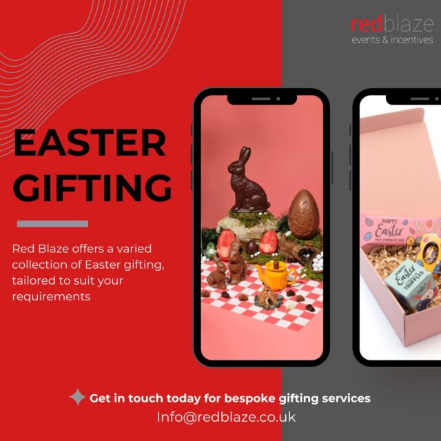 Get prepared for gifting this Easter! 🐣

At Red Blaze, we'll source and deliver all of your easter gifting needs. Whether it's chocolate eggs delivered across your team, or themed hampers sent to your top client list... we'll make it happen! What sort of gifting are some of our clients using Red Blaze for?

🍫 Easter chocolate
🐇 Themed hampers
🔨 Make-your-own gifting
🎨 Creative kits
🌲 Eco-friendly merchandise

Want to learn more? Send us a message and one of our team will respond!

think differently.

#EasterGifting
#ClientEngagement
#TeamRecognition