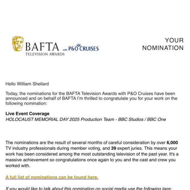 We Have a BAFTA Nominee 🏅

A huge congratulations to our Project Manager, William Shellard who has been nominated for an award at the British Academy of Film and Television Arts, thanks to his work on the BBC live event production of 'Holocaust Memorial Day'. An incredible achievement.

You can catch Will on your screens at the 2026 BAFTAS on the 12th of May. Be sure to set yourself a reminder!

All of the team at Red Blaze are cheering you on, Will.

think differently.

#BAFTAS
#BAFTANominee