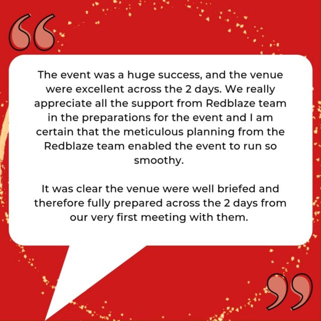 Some kind words from a brand new client 💬

One of our recent clients had this to say about their first event with Red Blaze and in short, it could not have gone much better!

Want to follow in their footsteps? Get in touch!

think differently

#ClientFeedback
#EventManagement